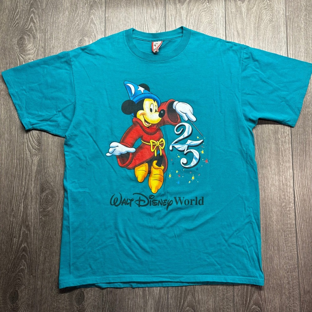 Vintage Walt Disney World XL 25th Anniversary Sorcerer Mickey T-Shirt Teal USA